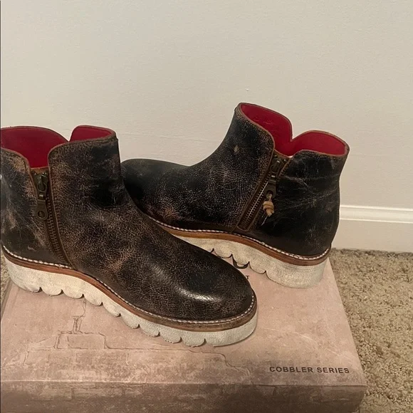 BED|STU Distressed Black Ankle Boots with Red Interior - Picture 3 of 5